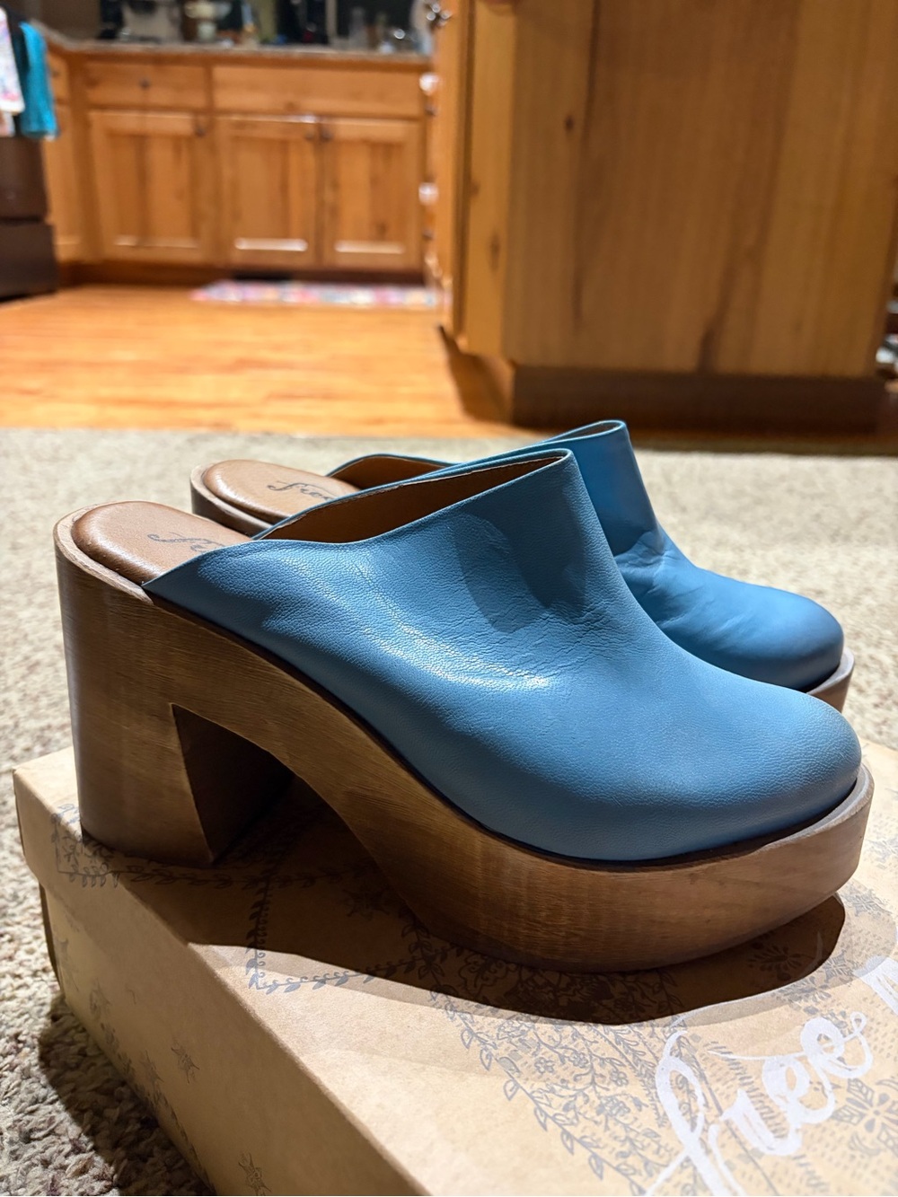 Free People Sky Blue Leather Platform Clogs with Wooden Heel